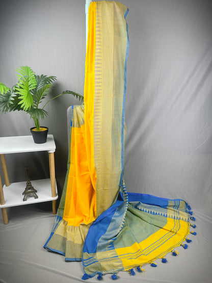 Yellow blue temple border khadi cotton saree with running blouse