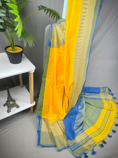 Yellow blue temple border khadi cotton saree with running blouse