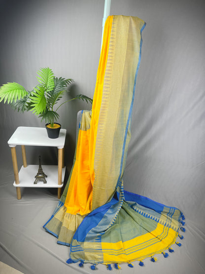 Yellow blue temple border khadi cotton saree with running blouse