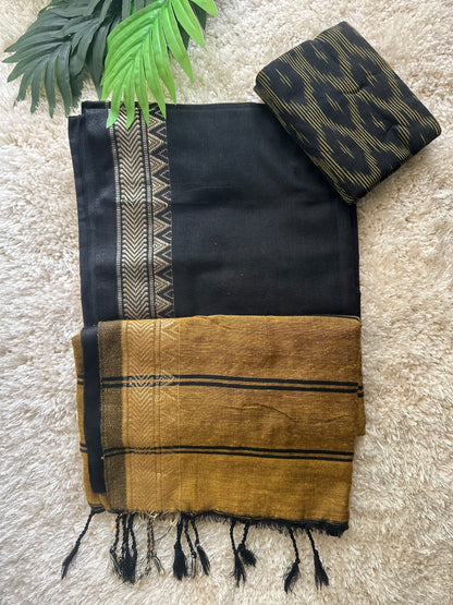 Black honey colour temple border pure cotton handloom linen saree