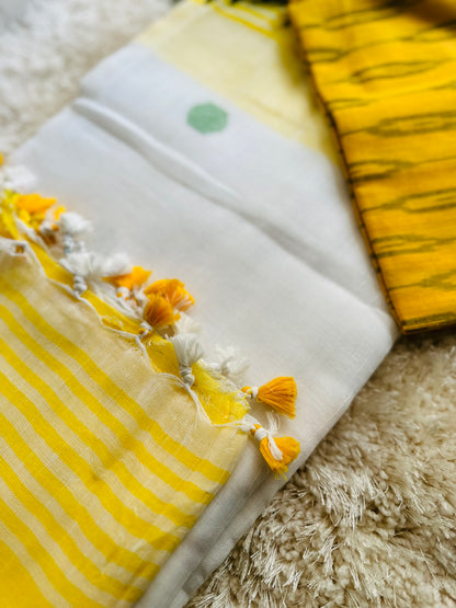 Yellow white dots pure cotton handloom linen saree