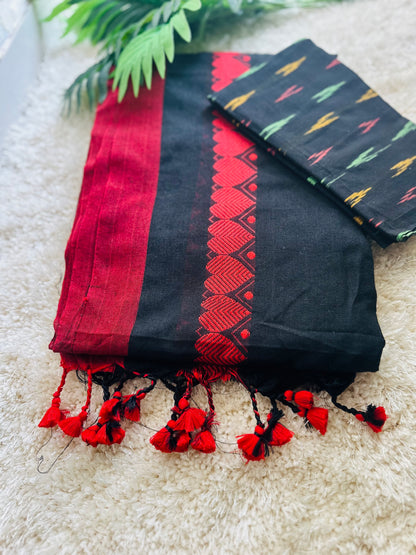 Black red heart handloom pure cotton saree