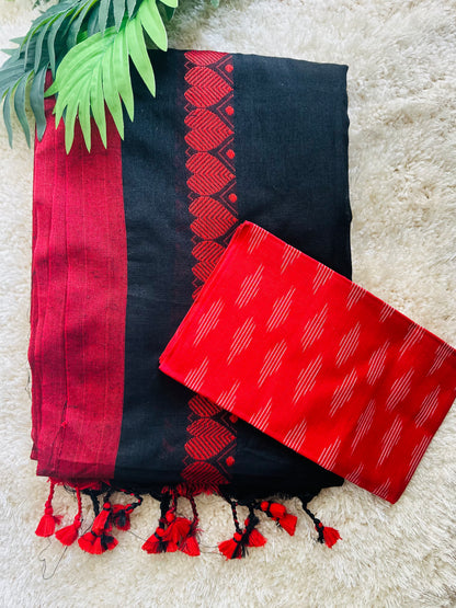 Black red heart handloom pure cotton saree