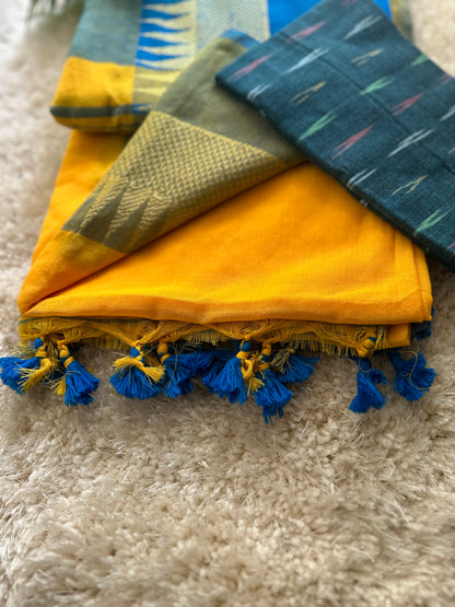 Yellow blue temple border khadi cotton saree with running blouse
