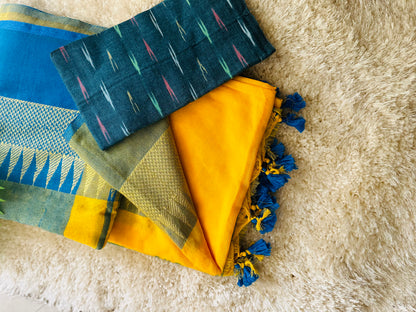 Yellow blue temple border khadi cotton saree with running blouse