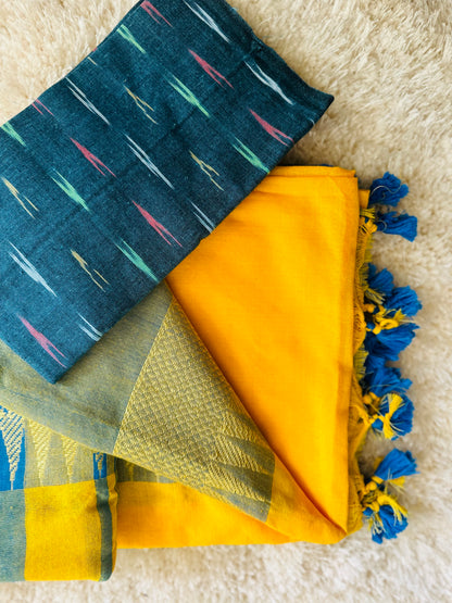 Yellow blue temple border khadi cotton saree with running blouse
