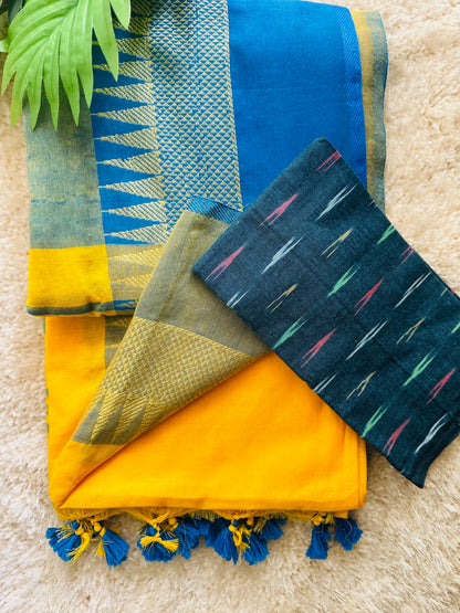 Yellow blue temple border khadi cotton saree with running blouse