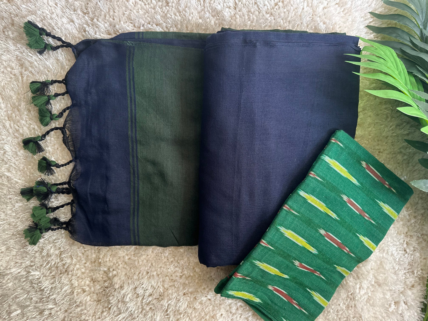 Dark green & blue pure cotton handloom linen saree