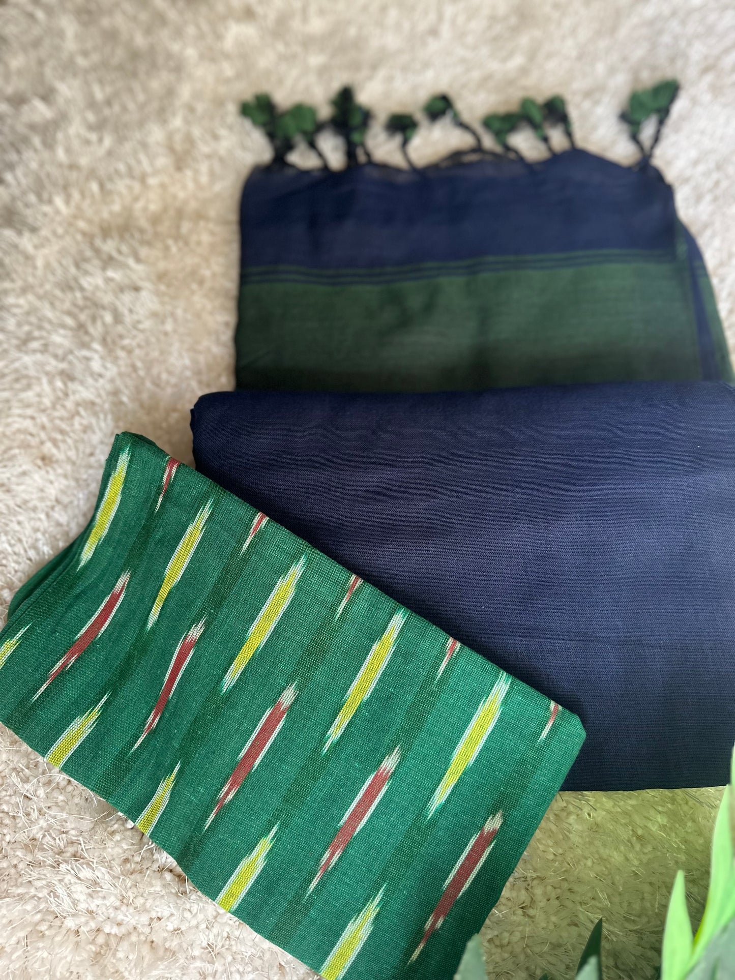 Dark green & blue pure cotton handloom linen saree