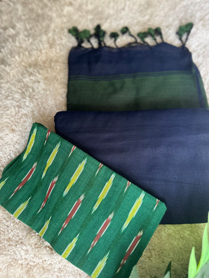 Dark green & blue pure cotton handloom linen saree