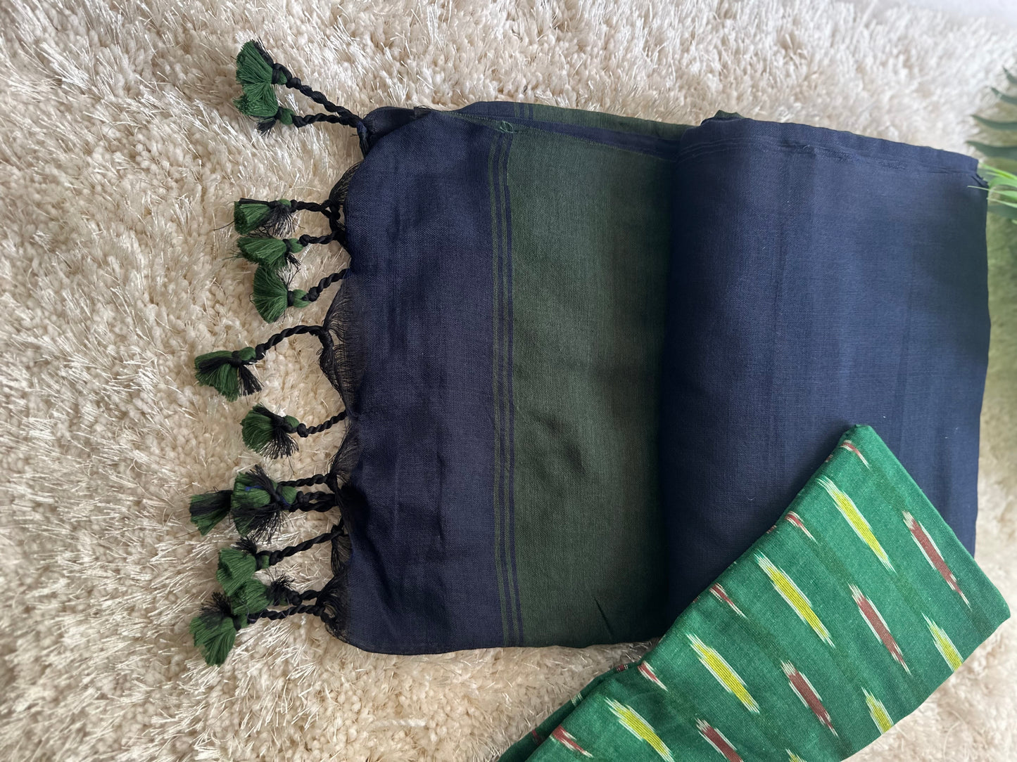 Dark green & blue pure cotton handloom linen saree