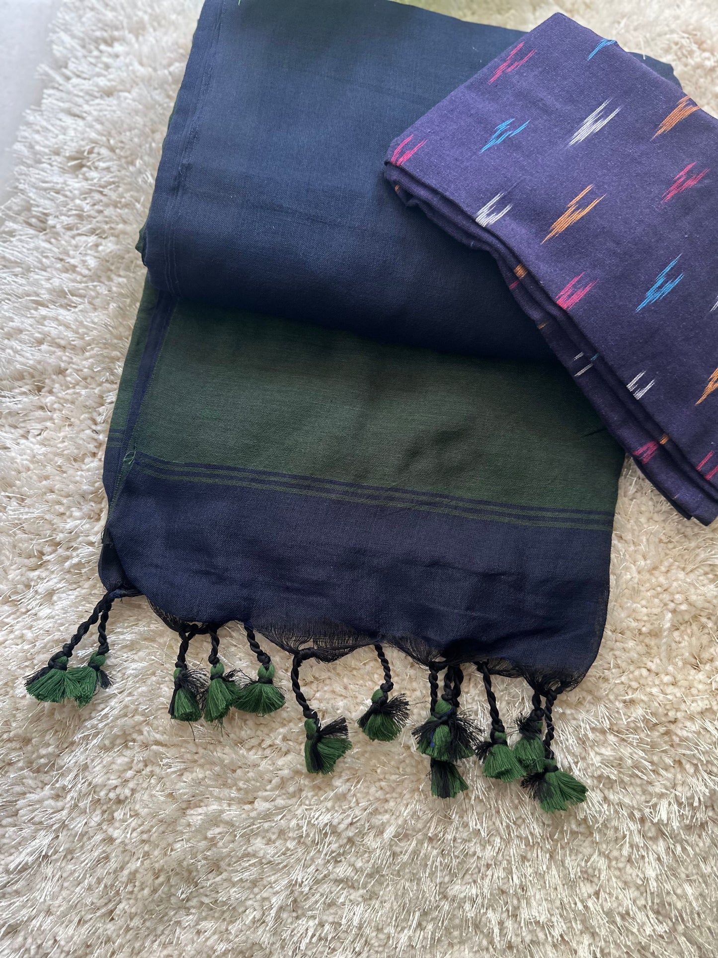 Dark green & blue pure cotton handloom linen saree