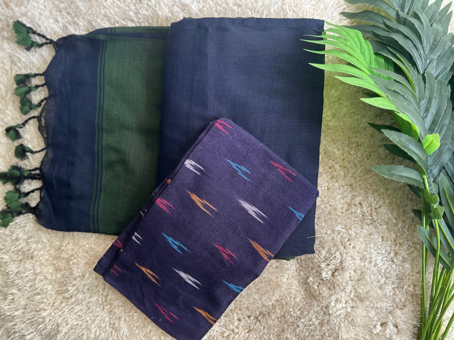 Dark green & blue pure cotton handloom linen saree