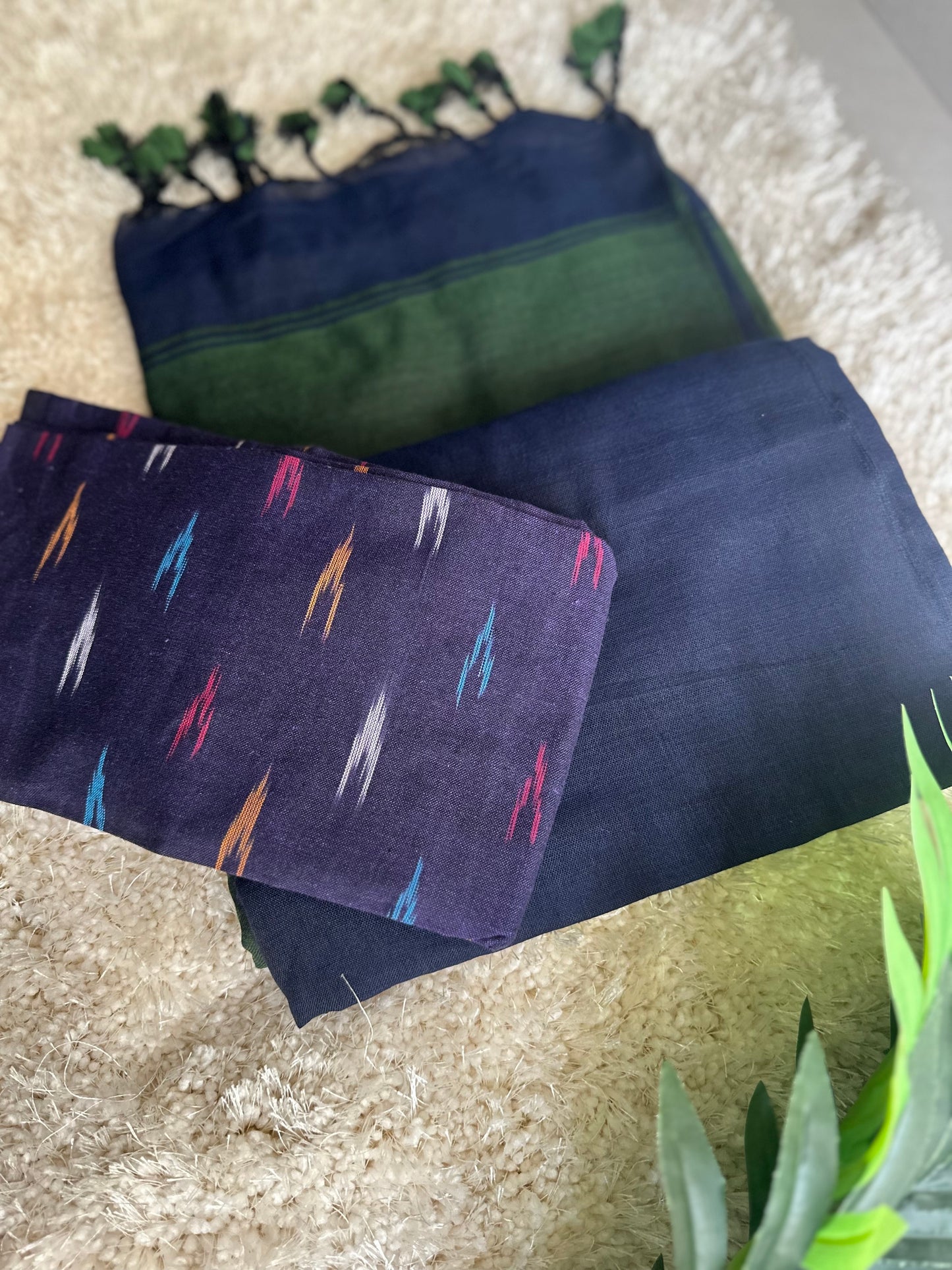 Dark green & blue pure cotton handloom linen saree