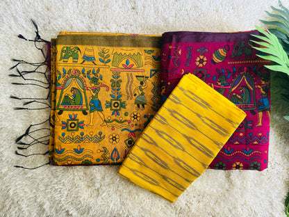 Yellow plum Madhubani print cotton saree with running blouse