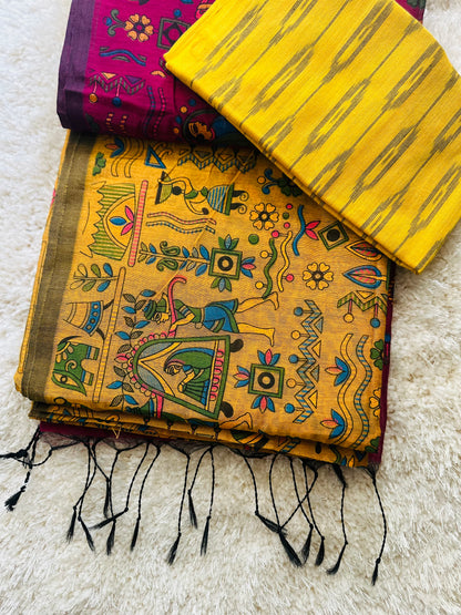 Yellow plum Madhubani print cotton saree with running blouse