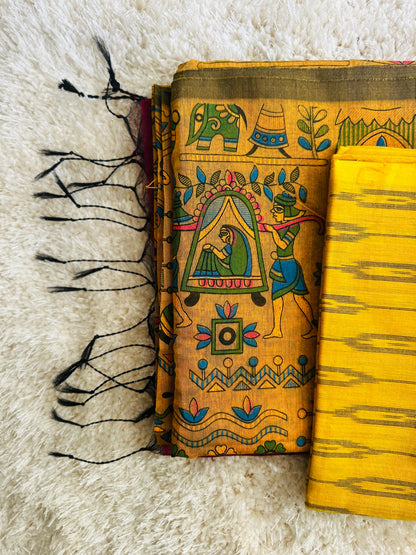 Yellow plum Madhubani print cotton saree with running blouse