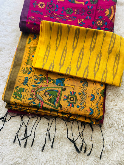 Yellow plum Madhubani print cotton saree with running blouse