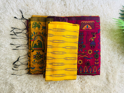 Yellow plum Madhubani print cotton saree with running blouse