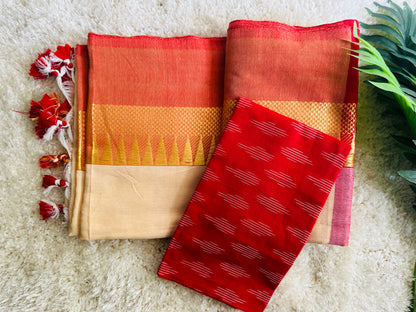 Beige red temple border khadi cotton saree with running blouse