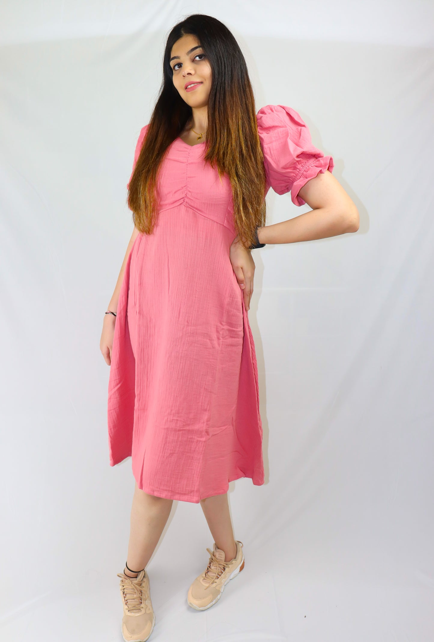 Peachy pink A-Line cotton muslin maxi