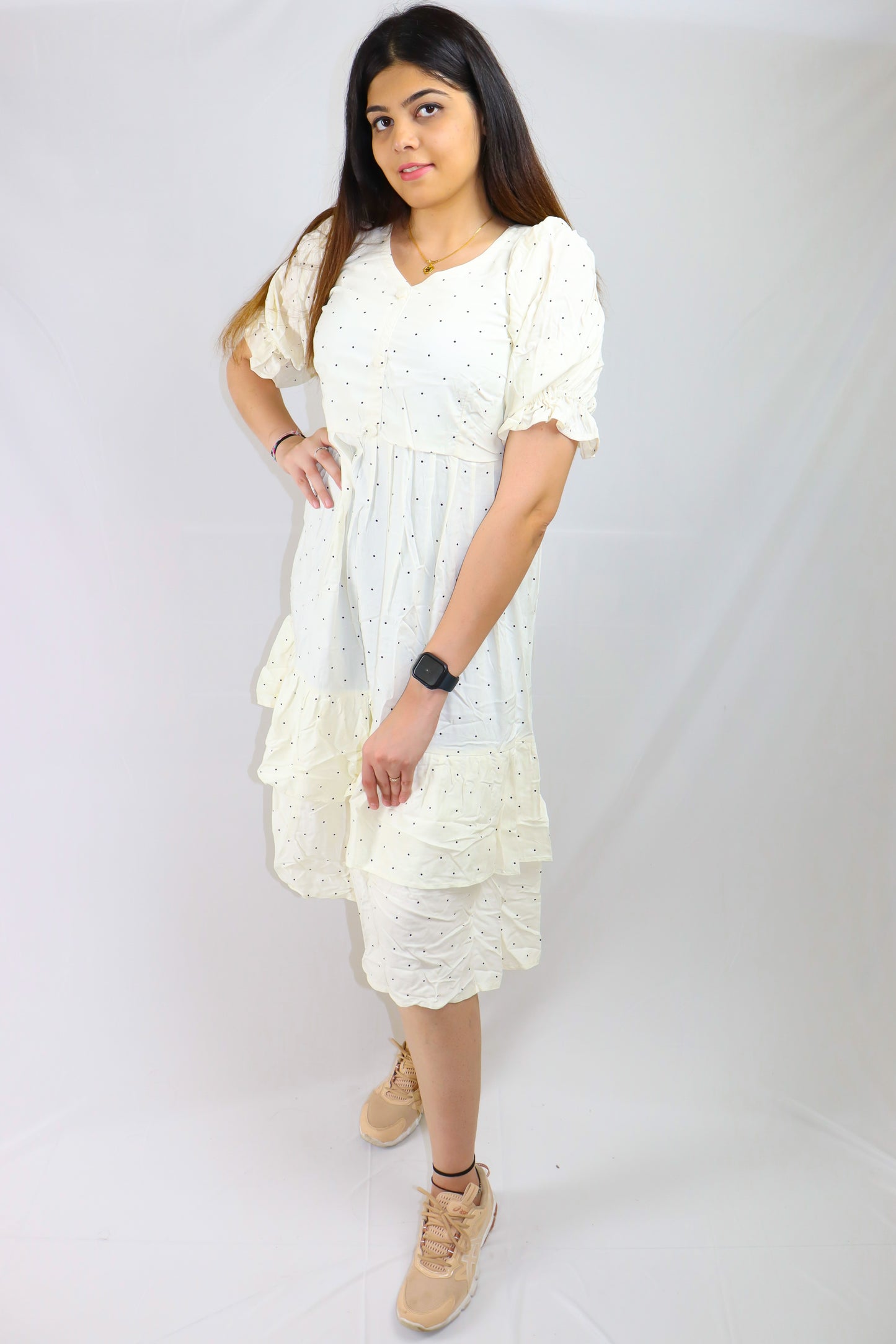 White with black dots soft cotton maxi dress