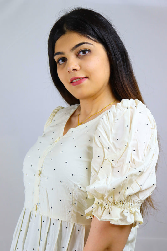 White with black dots soft cotton maxi dress
