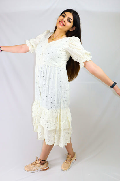 White with black dots soft cotton maxi dress