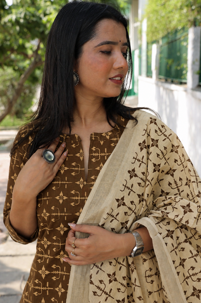 Brown& cream pure cotton printed handloom women kurta set