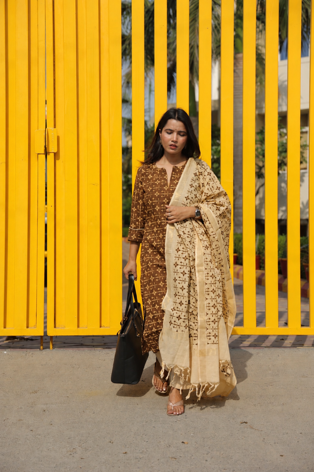 Brown& cream pure cotton printed handloom women kurta set