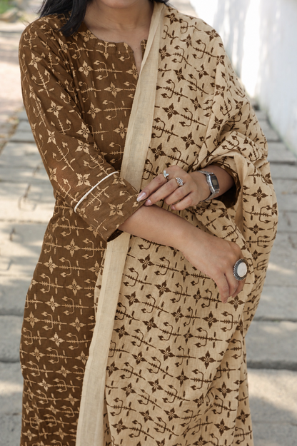 Brown& cream pure cotton printed handloom women kurta set