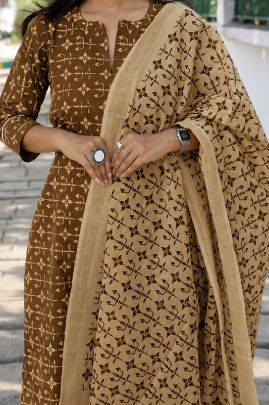 Brown& cream pure cotton printed handloom women kurta set