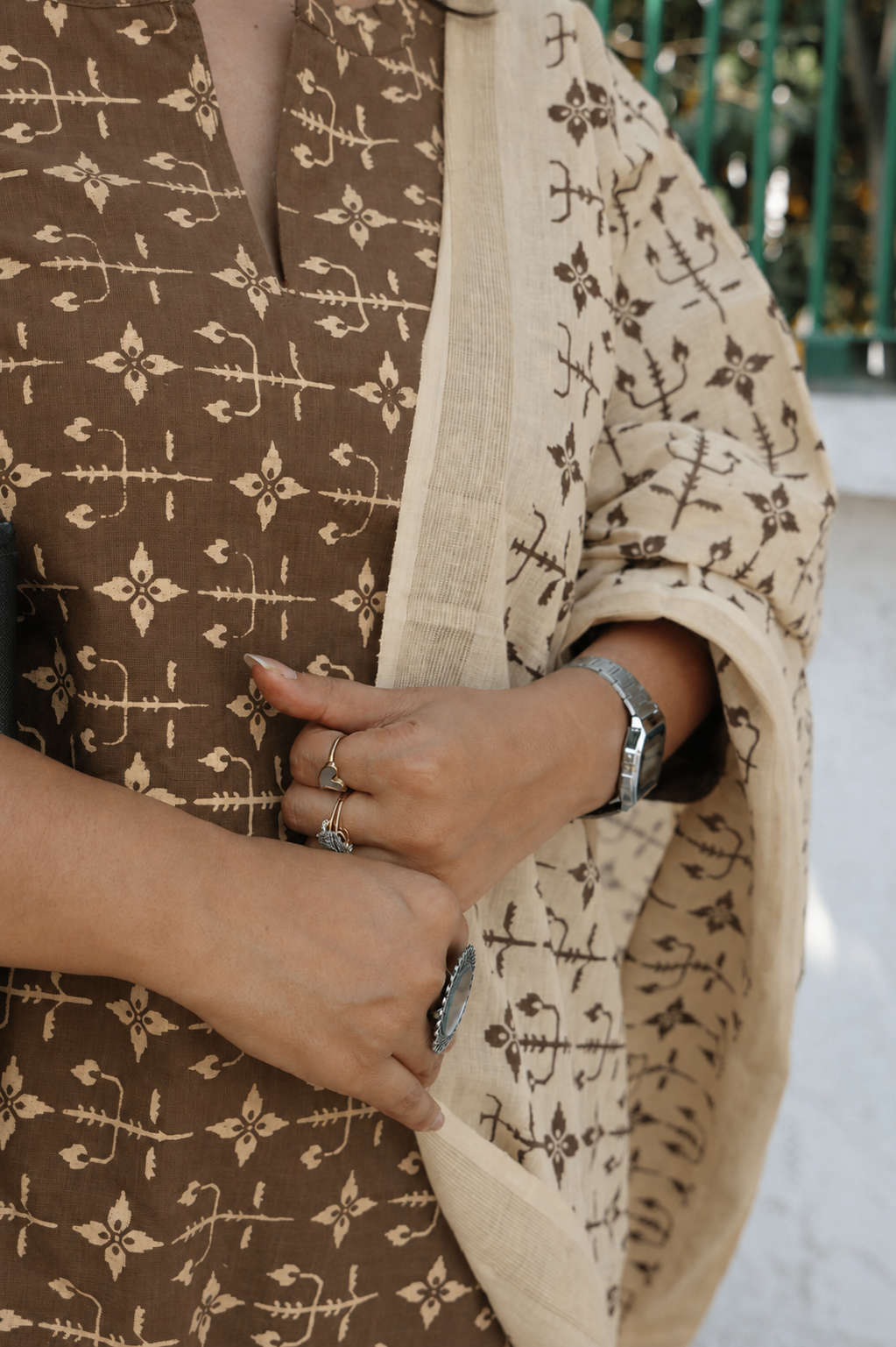 Brown& cream pure cotton printed handloom women kurta set