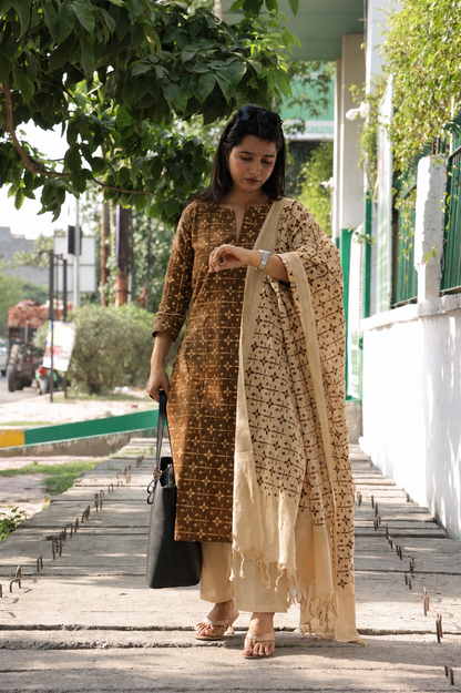 Brown& cream pure cotton printed handloom women kurta set