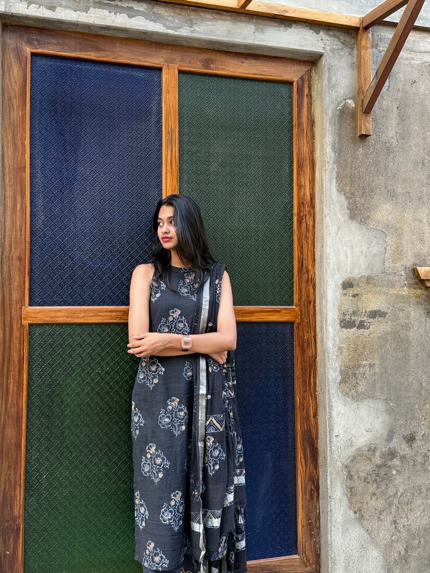 Black hand block linen print kurta suit (sleeves attached)