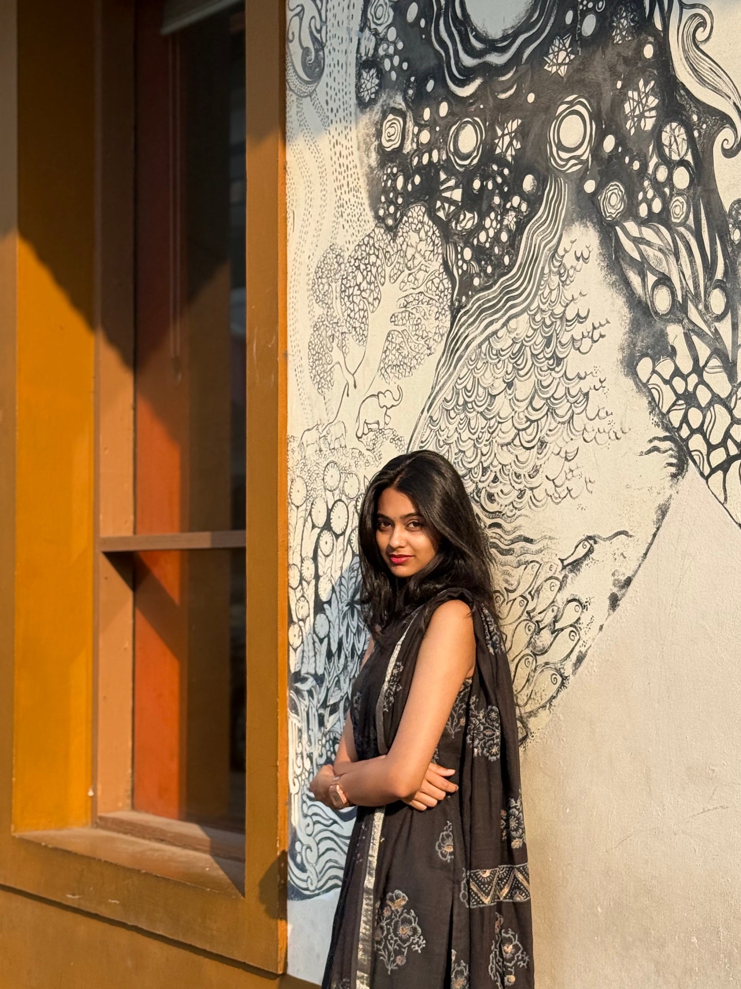 Black hand block linen print kurta suit (sleeves attached)
