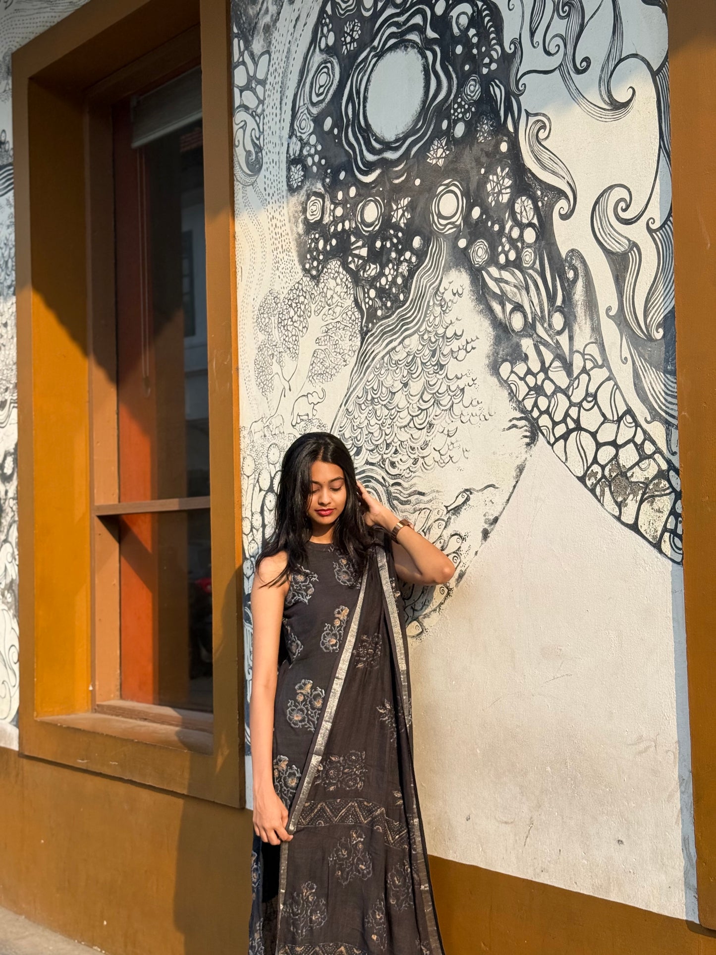 Black hand block linen print kurta suit (sleeves attached)