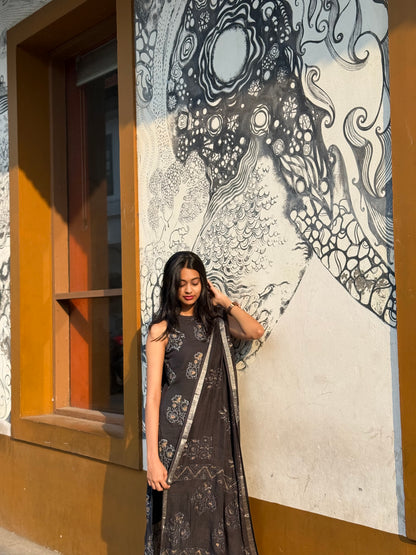 Black hand block linen print kurta suit (sleeves attached)