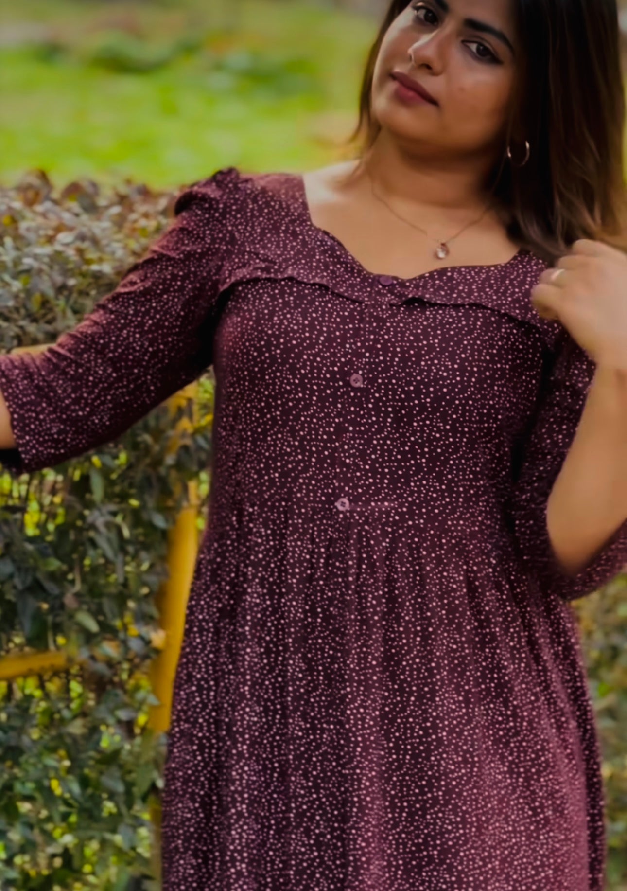Brown & white dots maxi cotton dress