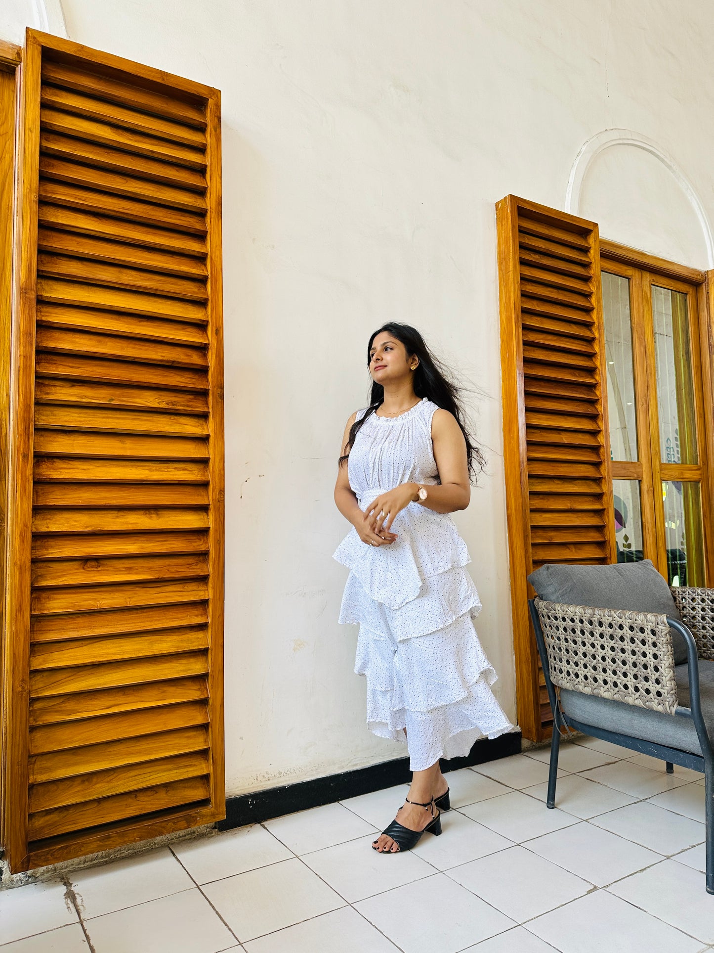 White cotton layered designer maxi