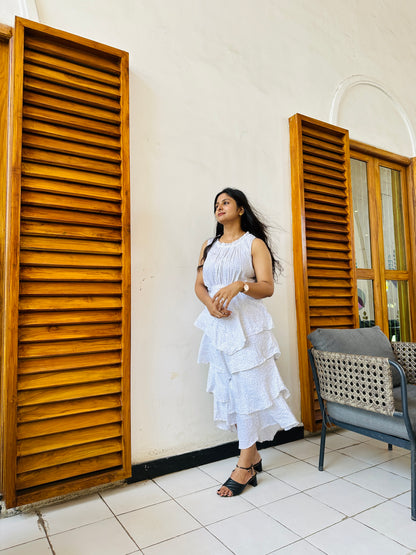 White cotton layered designer maxi