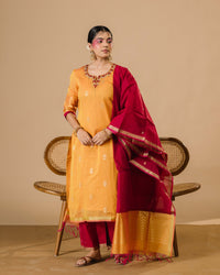 Golden Marigold Silk Cotton Handcrafted Aari Work Kurta Set