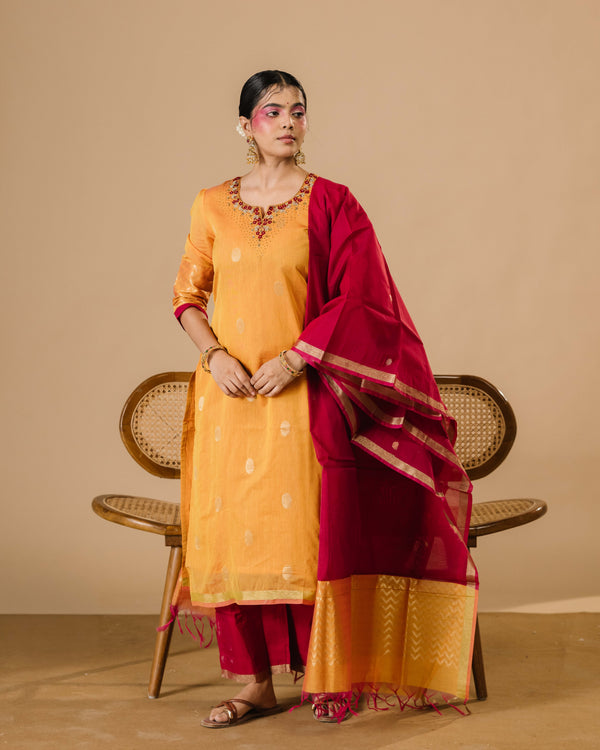 Golden Marigold Silk Cotton Handcrafted Aari Work Kurta Set