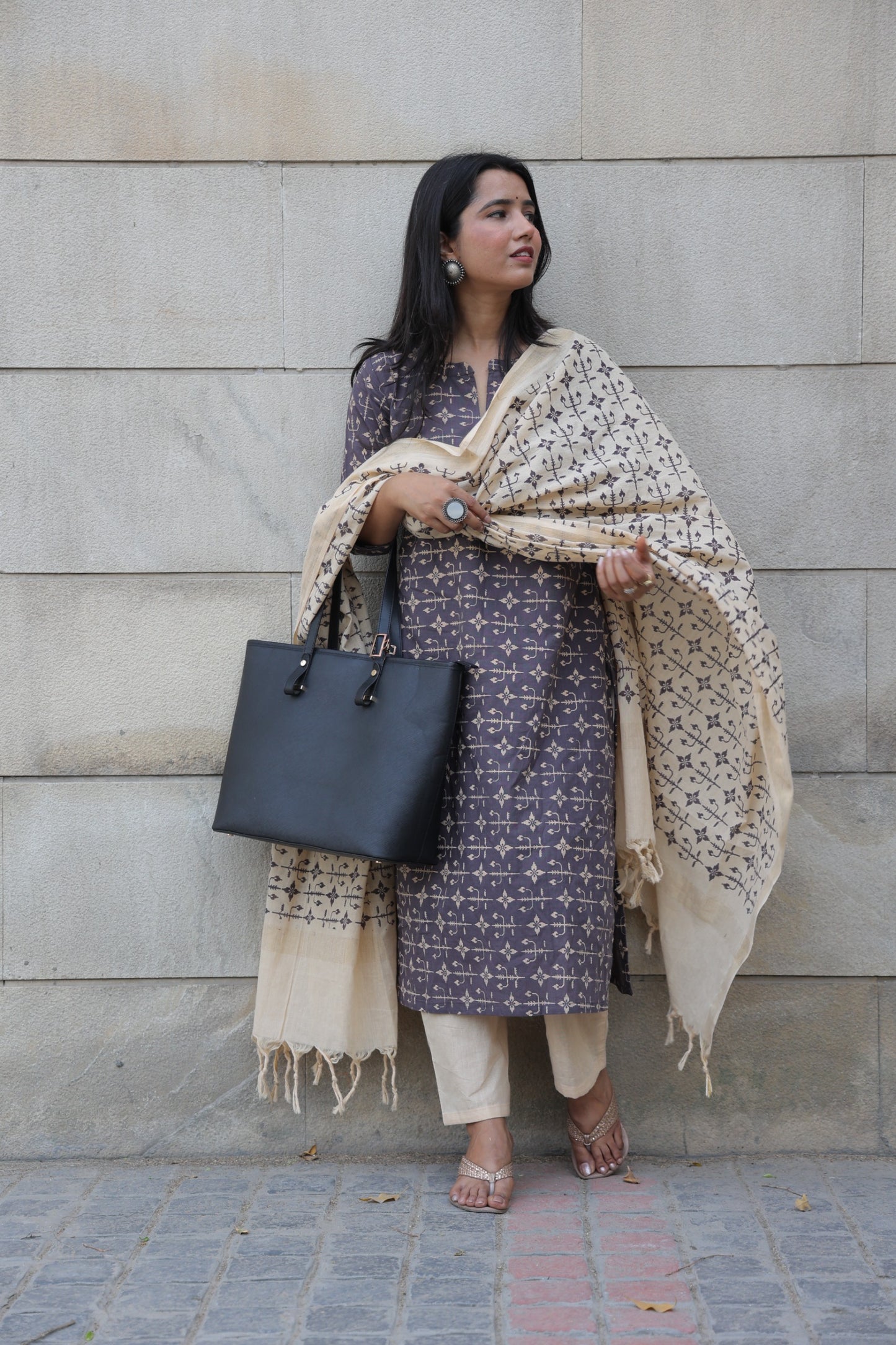 Dark grey & cream pure cotton printed handloom women kurta set
