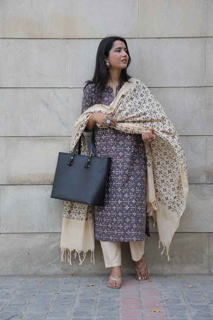 Dark grey & cream pure cotton printed handloom women kurta set