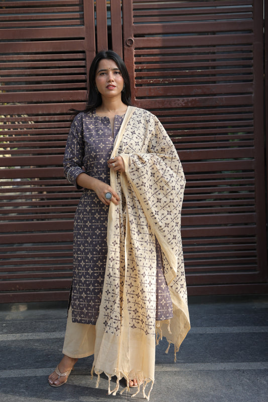 Dark grey & cream pure cotton printed handloom women kurta set