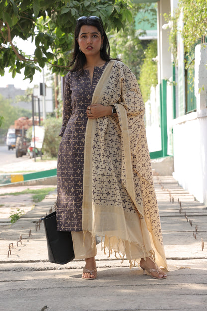 Dark grey & cream pure cotton printed handloom women kurta set