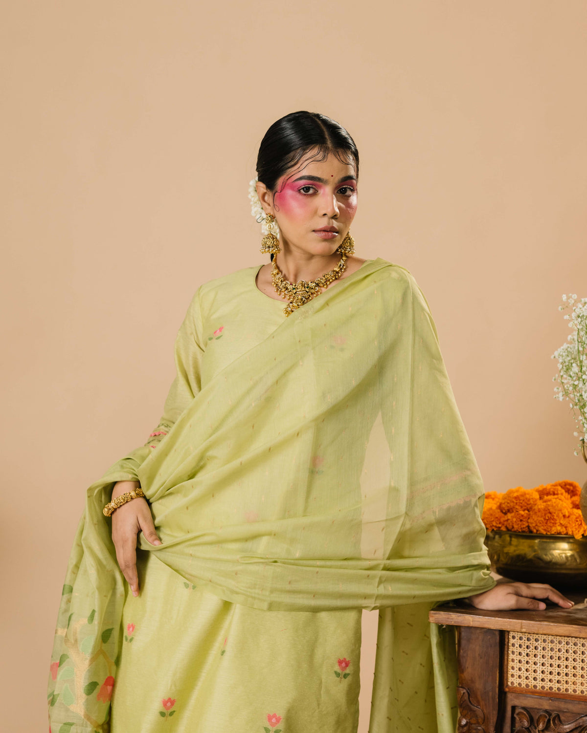 Elara Lime Mul Chanderi Cotton Silk kurta Suit Set