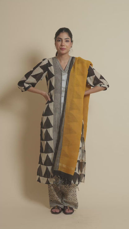 Ivory Noir Jaipur Hand Block Print Linen Cotton Kurta Set