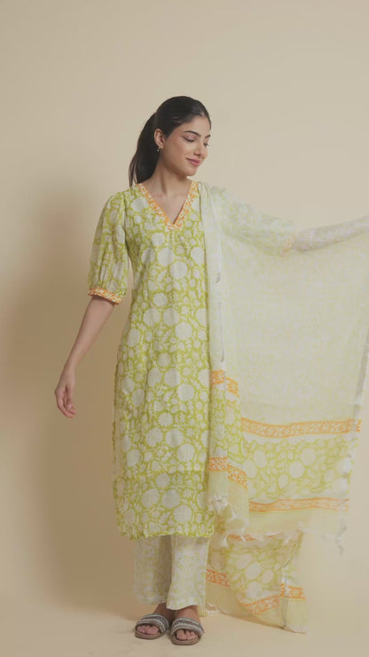 Meadow Bloom Jaipur Hand Block Print Linen Cotton Kurta Set